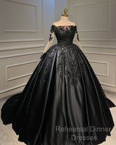 Ball Gown Appliques Long Sleeve Satin Dress